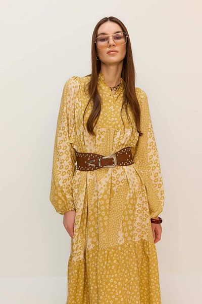 DeFacto Judge Collar Patterned Belted Long Sleeve Maxi Hijab Dress D4375Ax25Sm