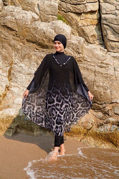 vawensea Women's Hijab Swimsuit Leopard Panel Patterned Single Pareo