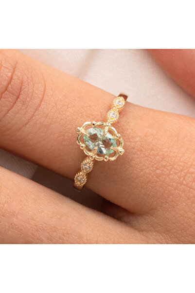 FasekGold Altın Yüzük - Green Topaz Taşlı Gelin Başı Tektaş 14 Ayar Altın Evl...