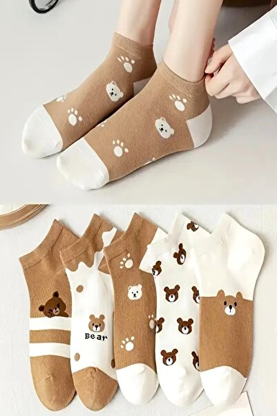 Esinti 5 Çift Kadın Bilek Boy Ayıcık Desenli Kahverengi Patik Çoraplar 5 Adet