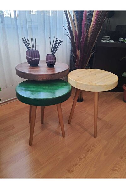 Ekübya Home Masif Doğal Ahşap Yuvarlak Çok Renkli Üçlü Zigon Sehpa (Üçlü-Battal Boy)