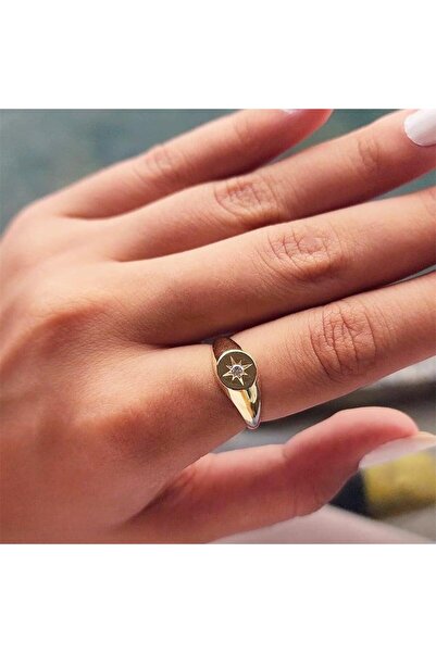 FasekGold Altın Yüzük - 14 Ayar Altın Yuvarlak Mühür Zirkon Taşlı Yüzük - Ann...