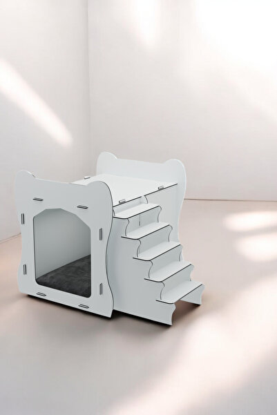 Evene Büyük Kedi Evi Dekoratif Ahşap Dayanıklı Beyaz Renk 50x35 Cm Kedi Yatağı Merdivenli Model