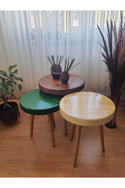 Ekübya Home Masif Doğal Ahşap Yuvarlak Çok Renkli Üçlü Zigon Sehpa (Üçlü-Battal Boy)