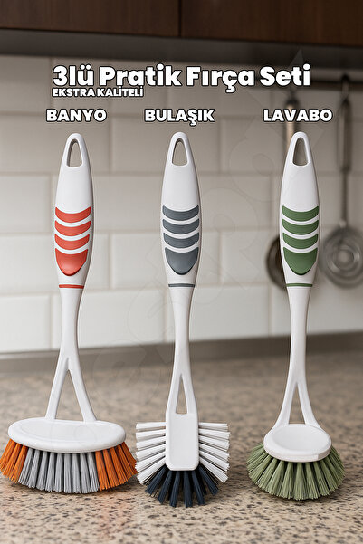 Destpak 3'lü Pratik Fırça Seti - Banyo, Lavabo ve Bulaşık Fırça Seti - Bulaşığa Ayrı Banyoya Ayrı Fırça