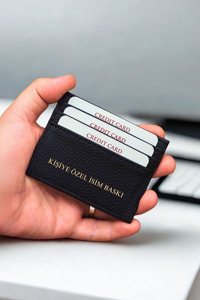 VANİLLA COLLECTİON Wallet & Card Holder Name Printed Unisex Model Mini and Thin Leather Lacing Floter Black Portfolio