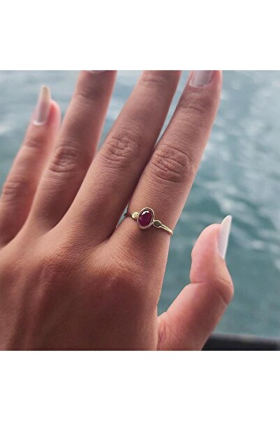 FasekGold Tektaş Altın Yüzük - 14 Ayar Altın 0.90 Karat Ruby Taşlı Tek Taş Ev...