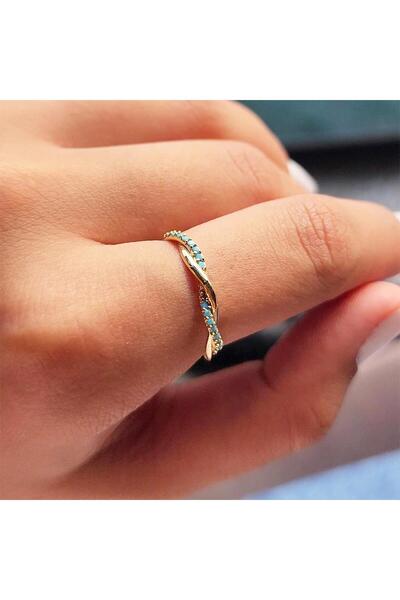 FasekGold Altın Yüzük - 14 Ayar Altın Örgü Model Turkuaz Taşlı Evlilik Alyans...