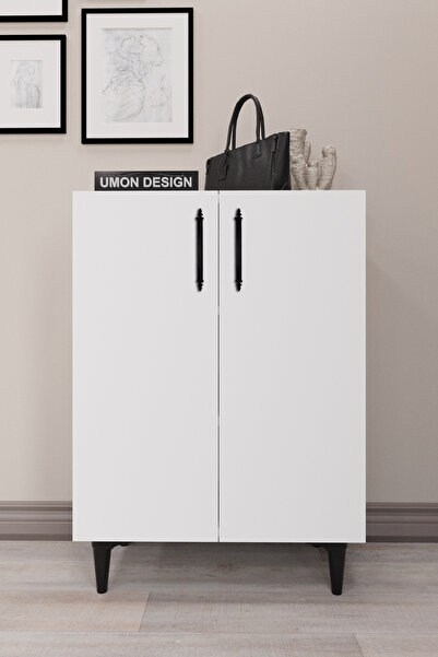 umondesign 4 Raflı 2 Kapaklı Ayakkabılık Çok Amaçlı Dolap Dekoratif Ayaklı Beyaz