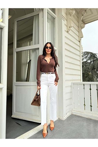 BOLESA GİYİM Beyaz Yıkamalı Düz Kesim Jean Pantolon