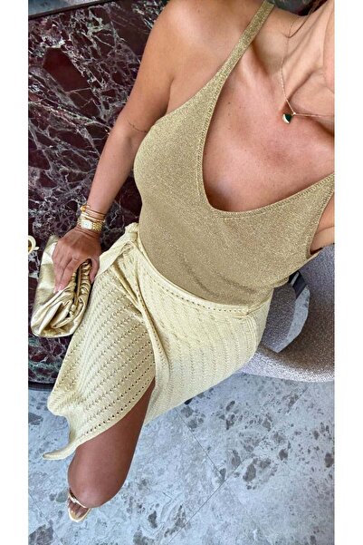 BOLESA GİYİM Sarı Bağlamalı Gold Simli Etek