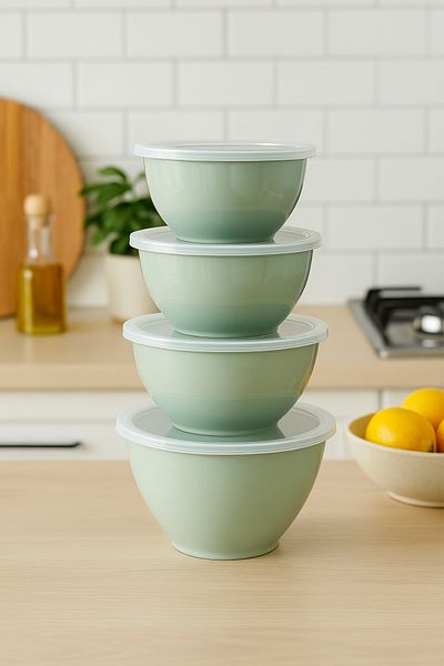 Vienev Set of 4 Round Bowls Mint Green |   1L, 1.5L, 2.3L, 3.3L |   Multi-Purpose Kitchen Storage Container with Lid