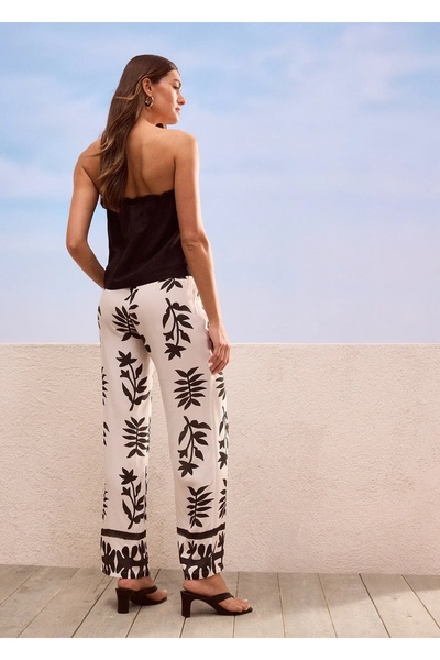 Şans Women's Plus Size White, Black Printed, Elastic Waist Viscose Trousers 65N39007