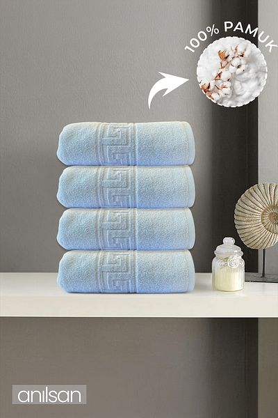 Anılsan 4-Piece Blue Greek Hand Towels 50X90 Cm, 100% Cotton Spa and Hotel Towels Suitable for Daily Use