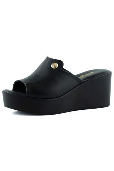Erkan Saçmacı Tilda Black Genuine Calfskin Metal Button Detailed Open Front Wedge Heeled Slippers