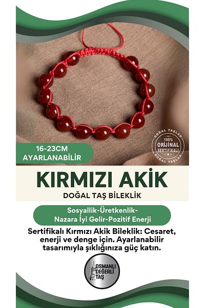 OSMANLI DEĞERLİ TAŞ Certified Red Agate Natural Stone Adjustable Bracelet