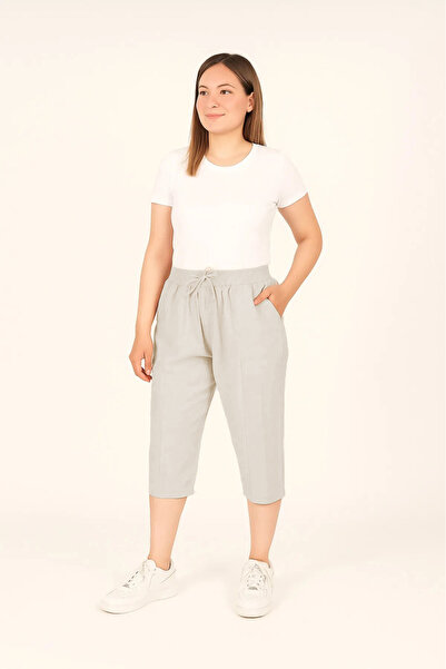 FATELLA Women's Comfortable Fit Light Gray Linen Raw Cloth Capri – Summer Cas...