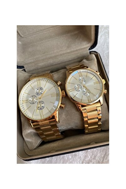 ÇENÇEN Gold Kordon Siyah Kadran Çelik Sevgili Çift Kol Saatleri Takvimli