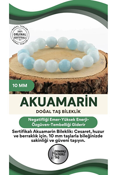 OSMANLI DEĞERLİ TAŞ Sertifikalı Akuamarin Doğal Taş Bileklik 10mm