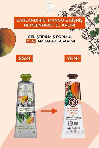 Yves Rocher Hand Cream - Moisturizing Nourishing Revitalizing Mango Coriander - Vegan - 30ml