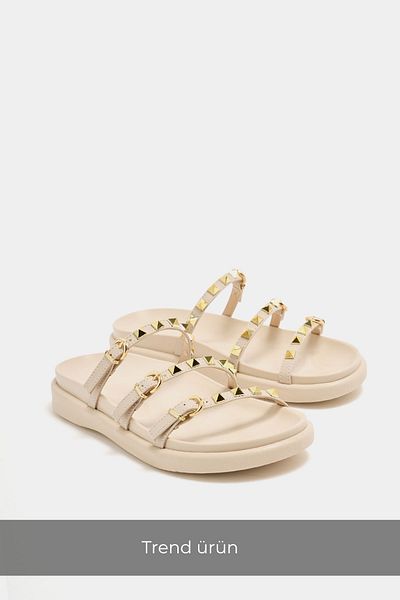 Madamra Cream Women's Gold Staple Detailed Trend Slippers