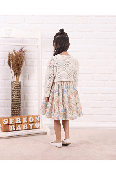 Serkon BABY Dantel Bolerolu Çiçek Baskılı %100 Pamuk Astarlı Kız Çocuk Elbise