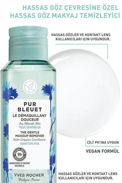 Yves Rocher Sensitive Skin, Suitable for Lens Use, Relaxing, Prebiotic Eye Makeup Remover-Pur Bleuet-100Ml