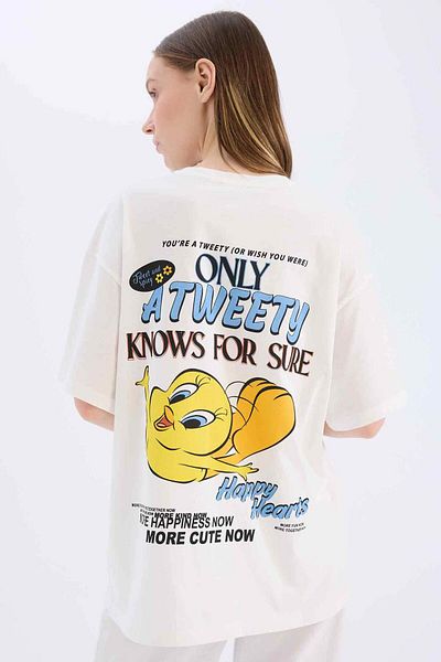 DeFacto Tricou cu mânecă scurtă cu imprimeu pe spate, cu decolteu lat, oversize, Looney Tunes D9119AX25SM