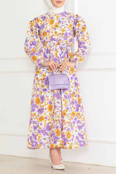 TOFİSA Patterned Sleeve Gathered Dress Lilac - 26619