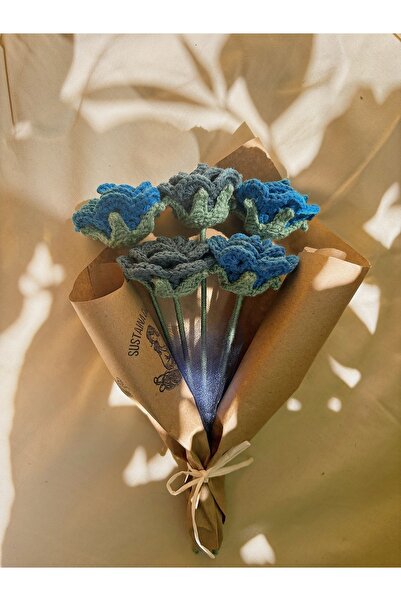 Sustaina Craft El Yapımı Amigurumi Mavi Gül Buketi – 5’li Örgü Gül Buketi,