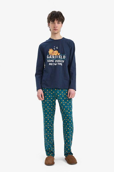DeFacto Garfield-Pyjama-Set, reguläre Passform, langärmliges Oberteil, elastischer Taille, langer Boden E0515AX25SP