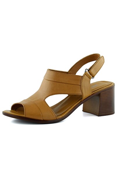 Erkan Saçmacı Kanne Tan Genuine Calfskin Velcro Strap Thick Heeled Comfortable Daily Sandals