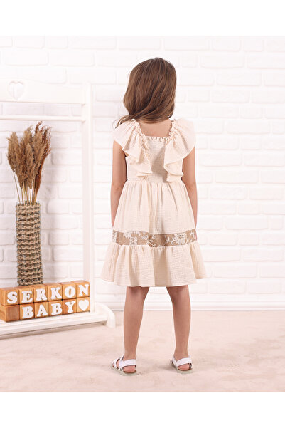 Serkon BABY Floral Patterned Ruffle Sleeve 100% Cotton Muslin Girl's Dress