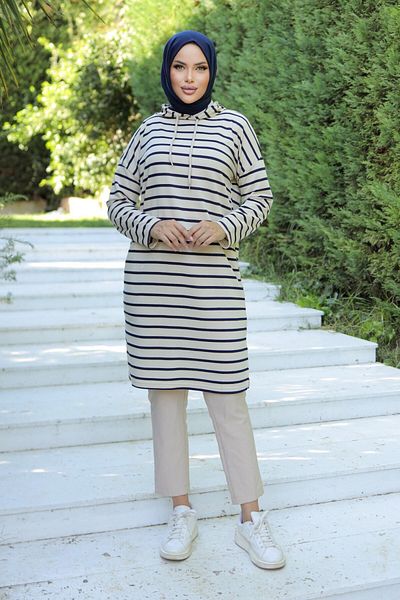 TOFİSA Women's Crew Neck Striped Crested Tunic - 26564 Navy Blue - 26564