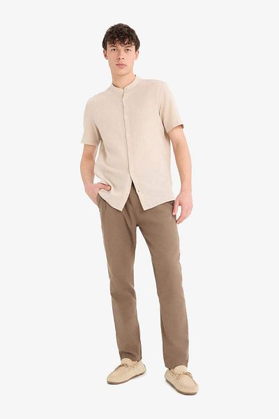 DeFacto 100% Cotton Linen Look Pants Elastic Waist Slim Fit Slim Fit Straight Leg with Pockets D2671Ax25Sm