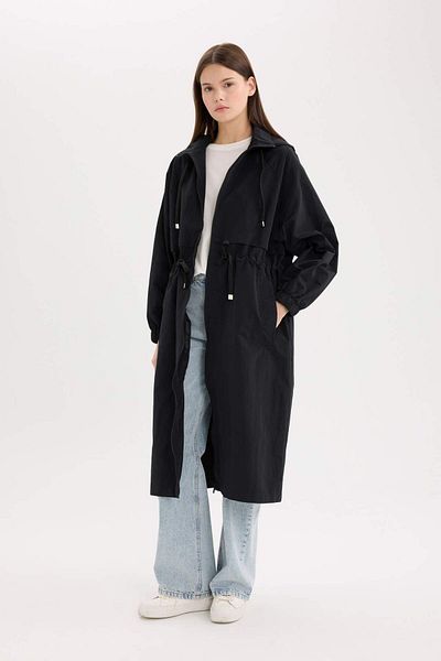 DeFacto Water Repellent Hooded Zippered Pocket Drawstring Waist Seasonal Long Raincoat A6245Ax25Sp