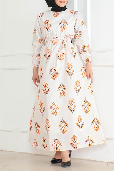TOFİSA Patterned Sleeve Gathered Dress Orange - 26623