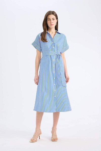 DeFacto Shirt Collar Striped Poplin Short Sleeve Belted Midi Shirt Dress E6021Ax25Sp