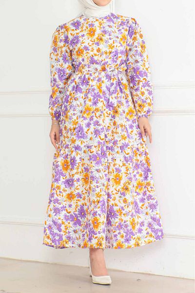 TOFİSA Patterned Sleeve Gathered Dress Lilac - 26619