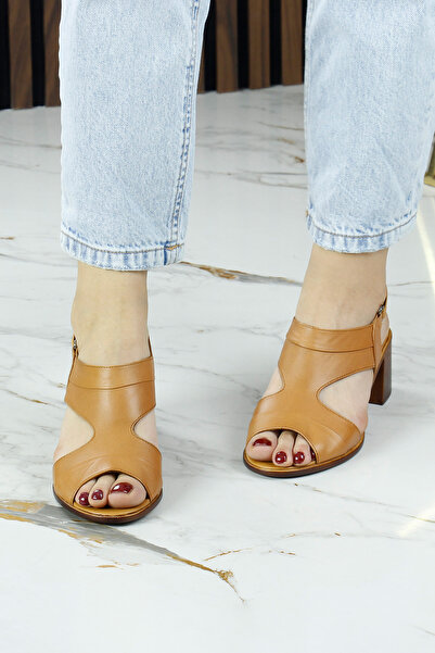 Erkan Saçmacı Kanne Tan Genuine Calfskin Velcro Strap Thick Heeled Comfortable Daily Sandals