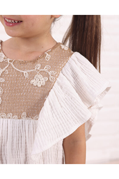 Serkon BABY 100% Cotton Muslin Girl's Jumpsuit with Lace Detail on the Front and Ruffles