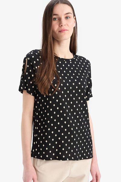 DeFacto Tricou cu mânecă scurtă, cu model, cu decolteu, cu formă normală, E7324AX25SM