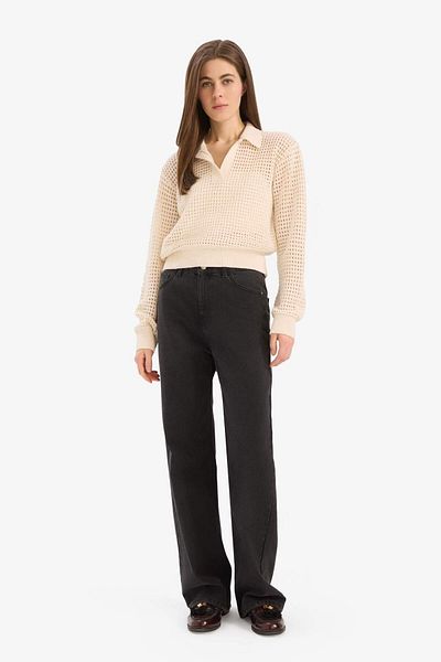 DeFacto Relax Fit Polo Neck Basic Plain Openwork Knitwear Sweater E7025Ax25Sm