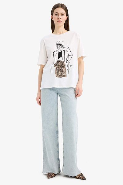 DeFacto Regular Fit Crew Neck Girl Printed Combed Cotton Short Sleeve T-Shirt E5141Ax25Sm
