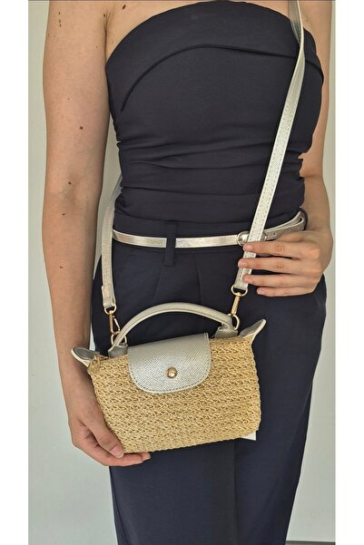 İzel Çakran Georgina Silver Cover Detailed Summer Mini Straw Hand & Shoulder Bag
