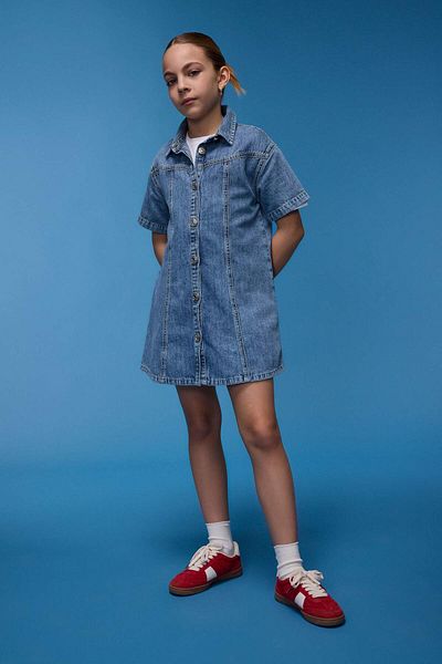 DeFacto Girls' Shirt Collar Short Sleeve Cotton Summer Jean Dress E1762A825Sm