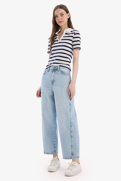 DeFacto Polo Neck Slim Fit Striped Rib T-Shirt - Short Sleeve E6989Ax25Sp