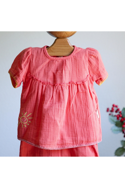 Necix's Kız 2’li Takım – Deniz Yıldızlı Nar Çiçeği Rengi %100 Pamuk Müslin Ya...