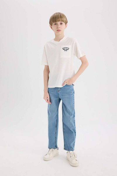 DeFacto Boy's Crew Neck Embroidered Pocket Printed Short Sleeve T-Shirt D9286A825Sm