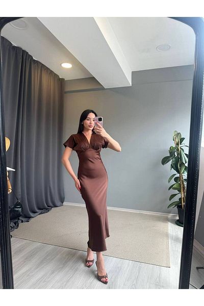 Hotfashion فستان ستان بني نسائي